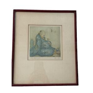 Elyse Ashe Lord signed etching / woodcut “The Philosopher” Antique Asian Theme